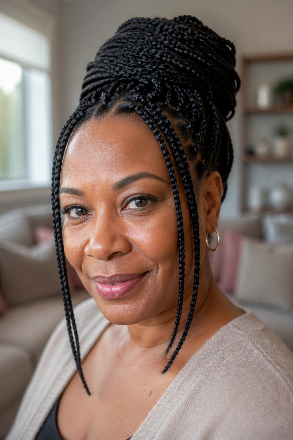 Close-up of a 40-something woman with box braids styled into an updo