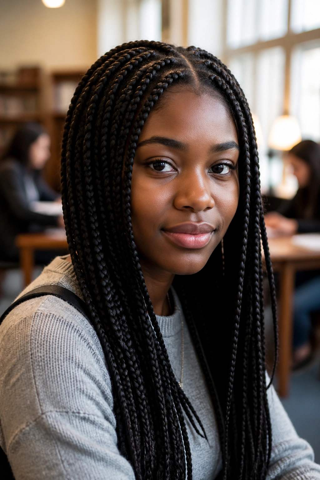 Student with box braids in a campus setting