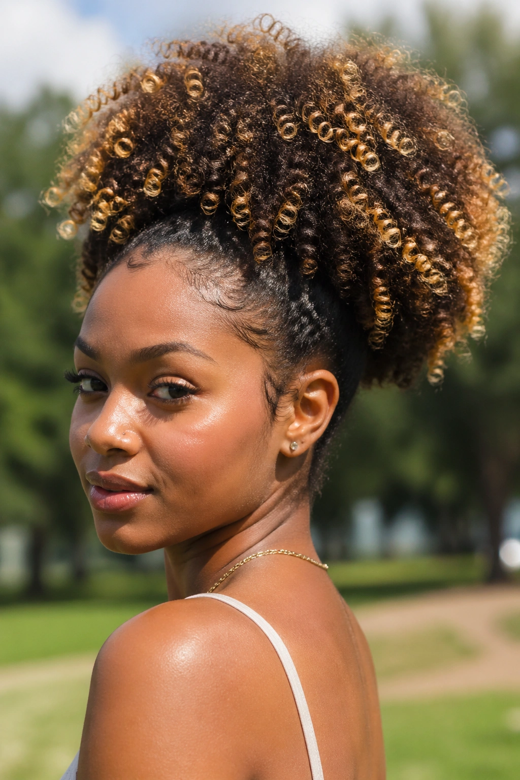 Portrait of a real person with blonde-highlighted curls in a high puff
