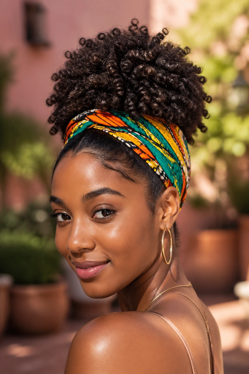 Close-up of high puff with patterned headwrap accent