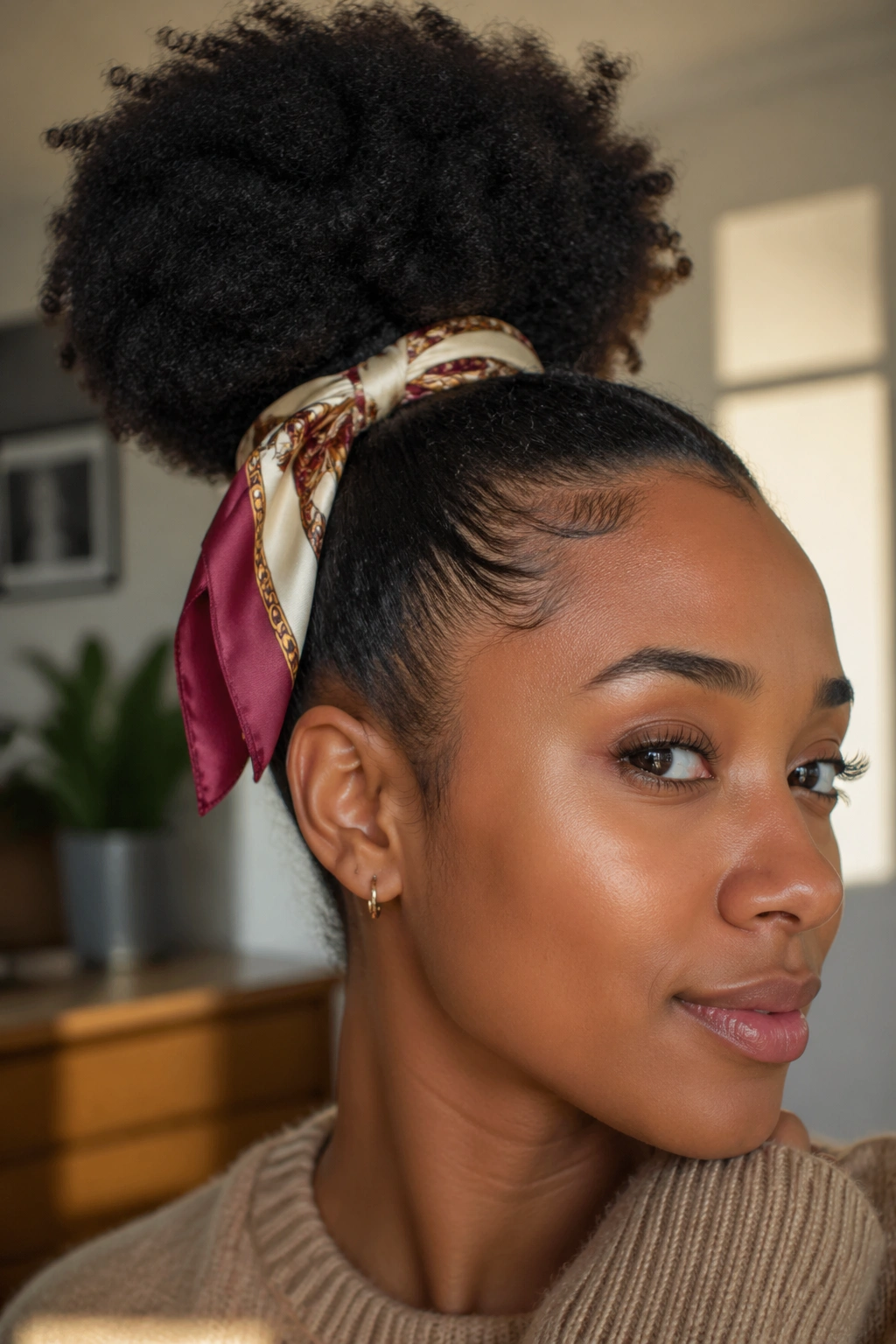 Close-up of a real woman with a puff tied with a silk scarf
