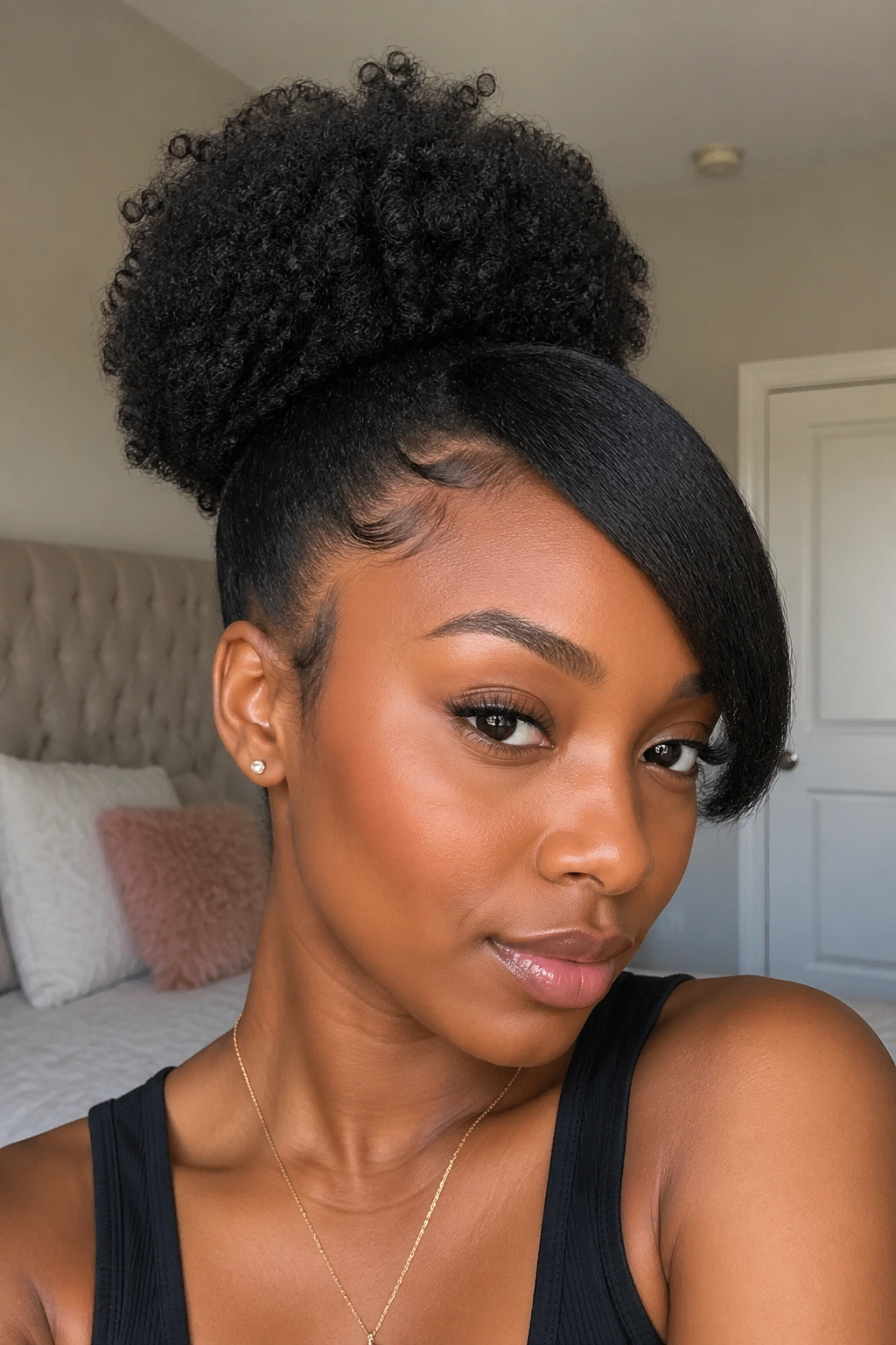 Close-up of a real person with stretched bangs and puff hairstyle