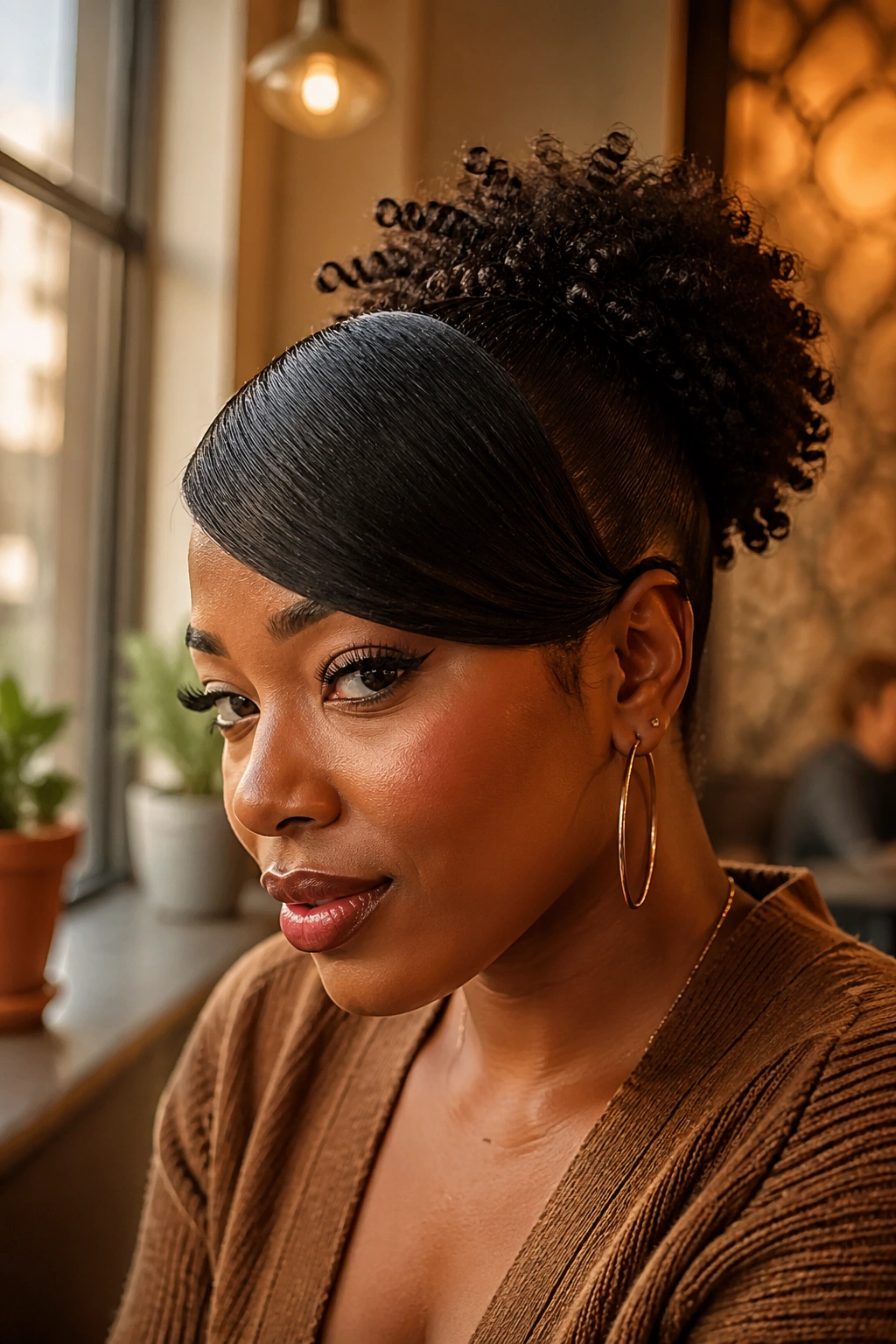 Portrait of a woman with swoop bang and back puff.