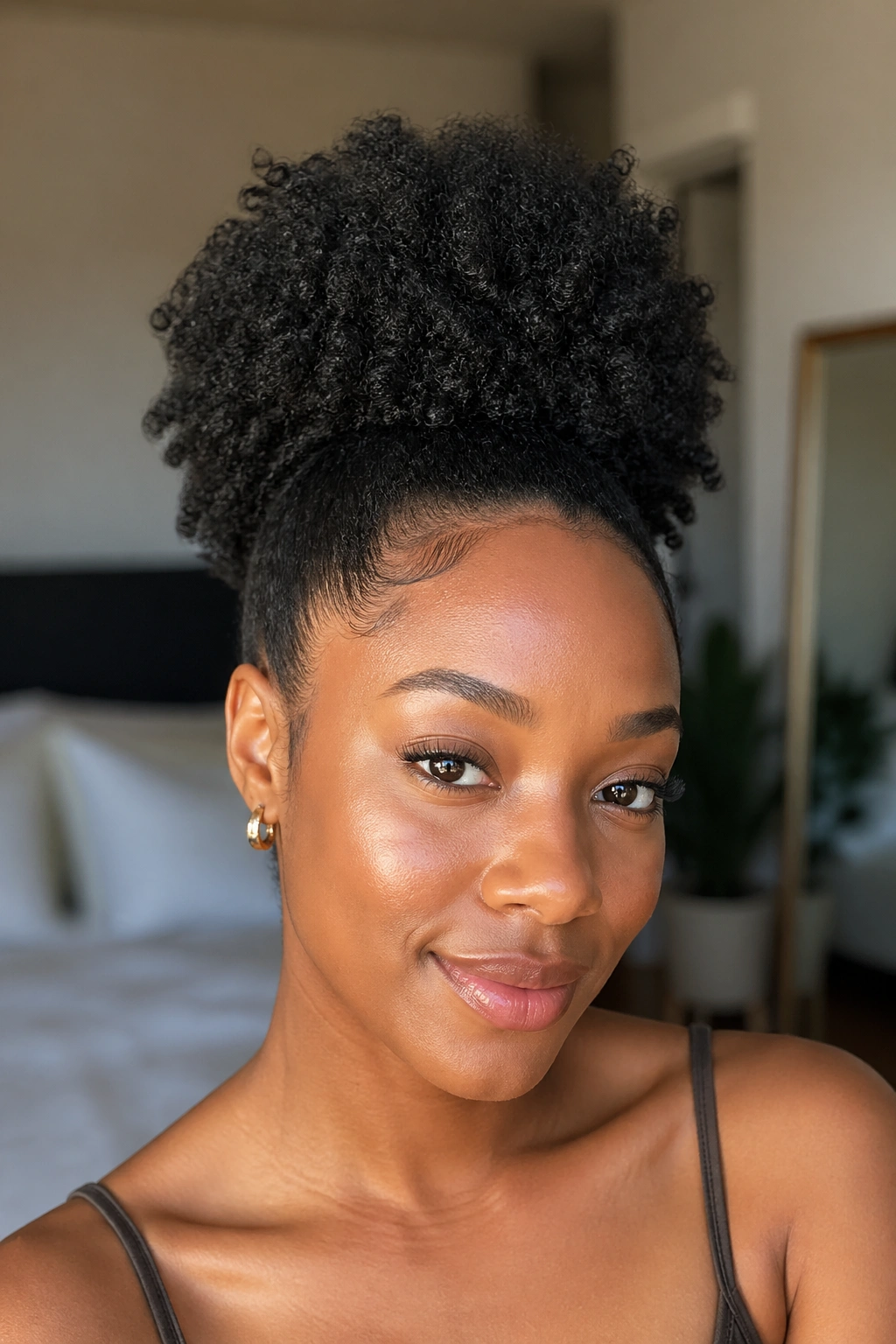 Close-up of a real woman with a rounded crown puff showing natural hair texture in warm light