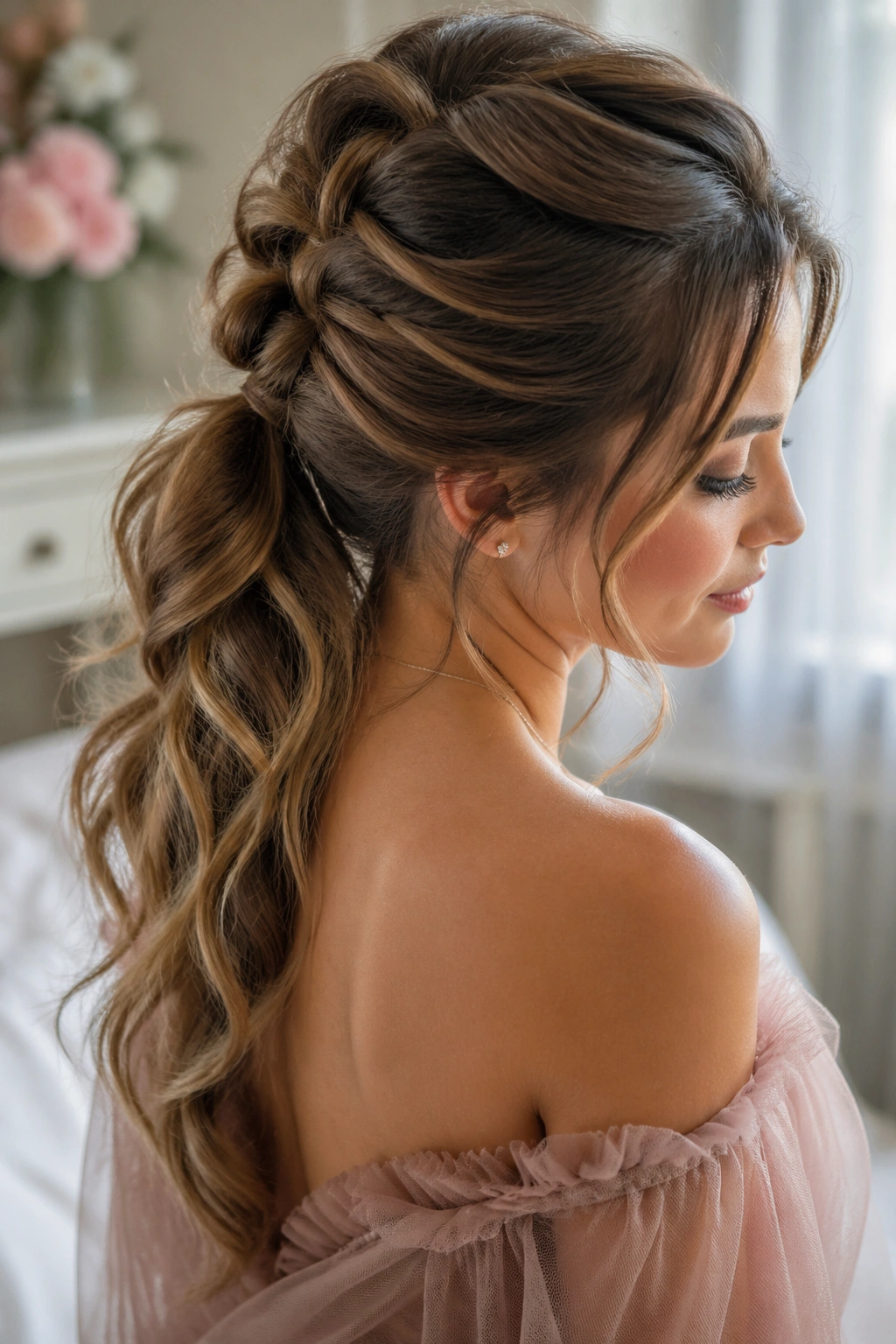 Close-up portrait of a real woman with a soft romantic pull-apart braided ponytail, crown lift and face-framing pieces