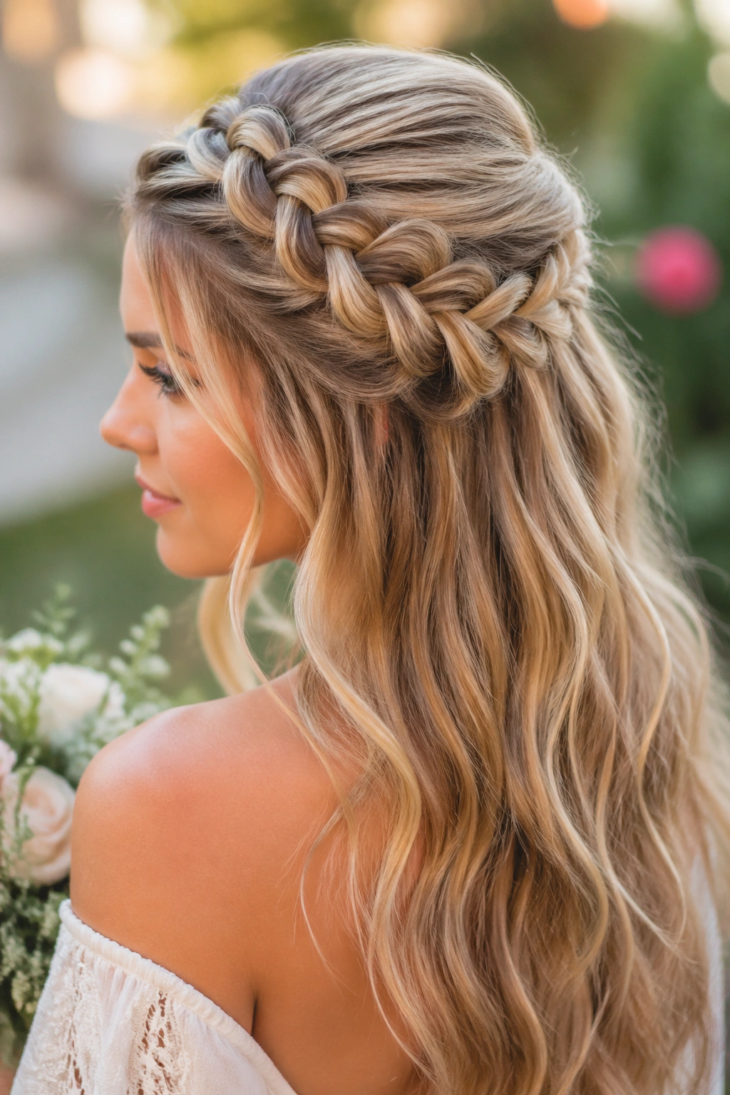 Close-up of real bride with voluminous pull-through braid half-up