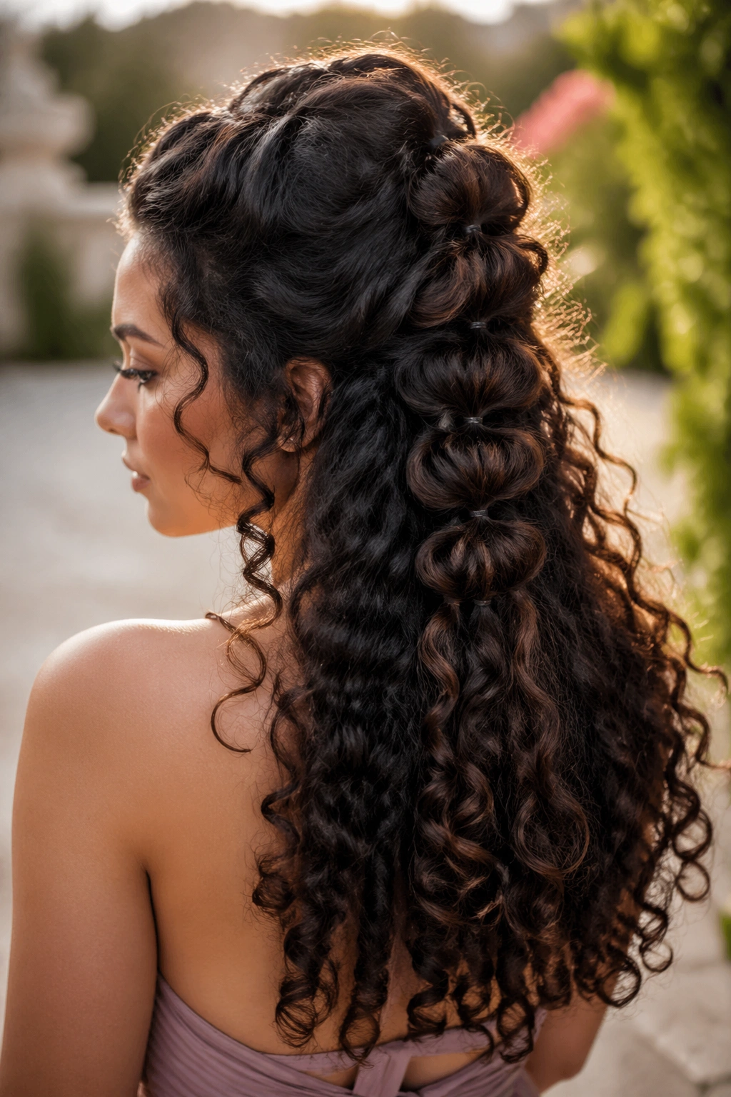 Close-up of real woman with pull-through braid on thick curls.