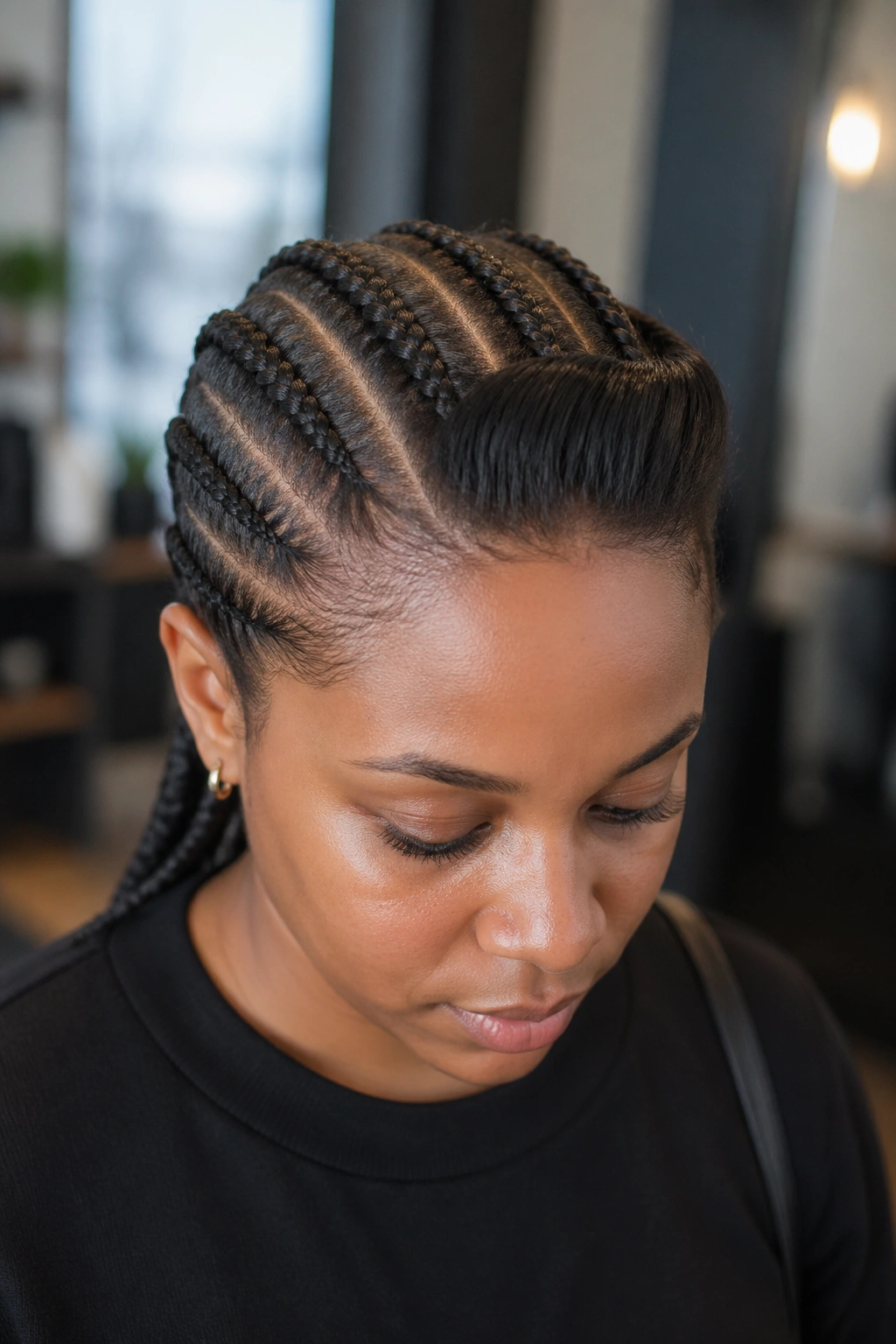 Close-up portrait of a real woman with five straight back braids and a pulled-back front pompadour
