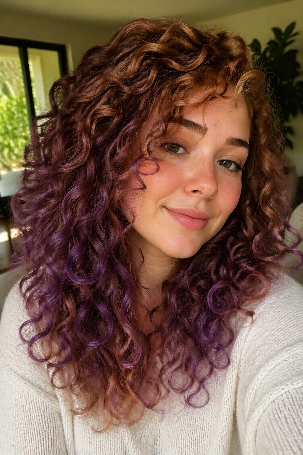 Close-up of a real woman with blonde or red hair and purple balayage highlighting curls