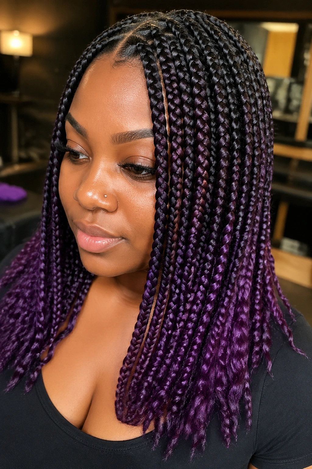Close-up of a real woman with box braids featuring purple balayage at the ends