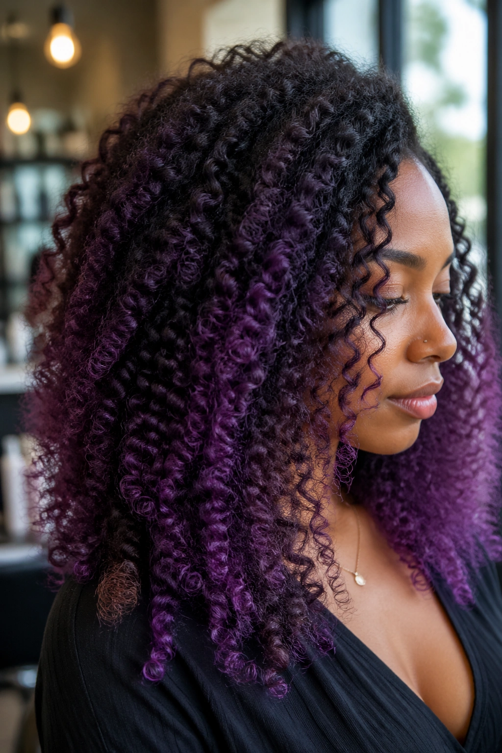 Close-up of purple balayage on natural curly hair showing three dimensional color melt
