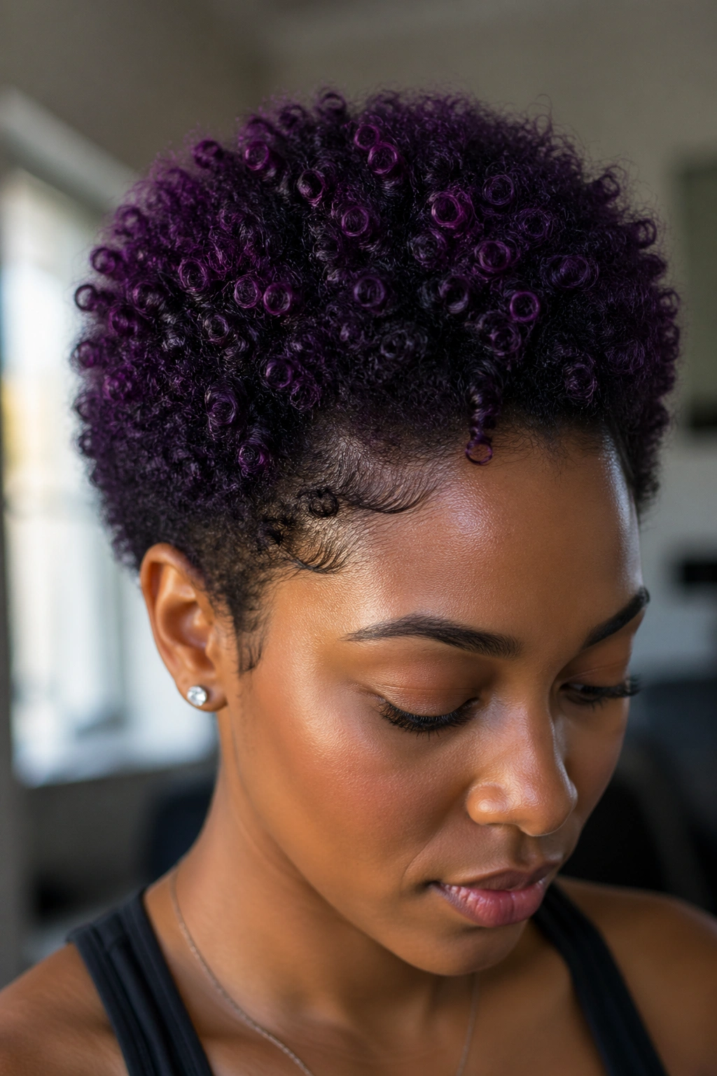 Close-up of short natural hair with purple balayage around the edges