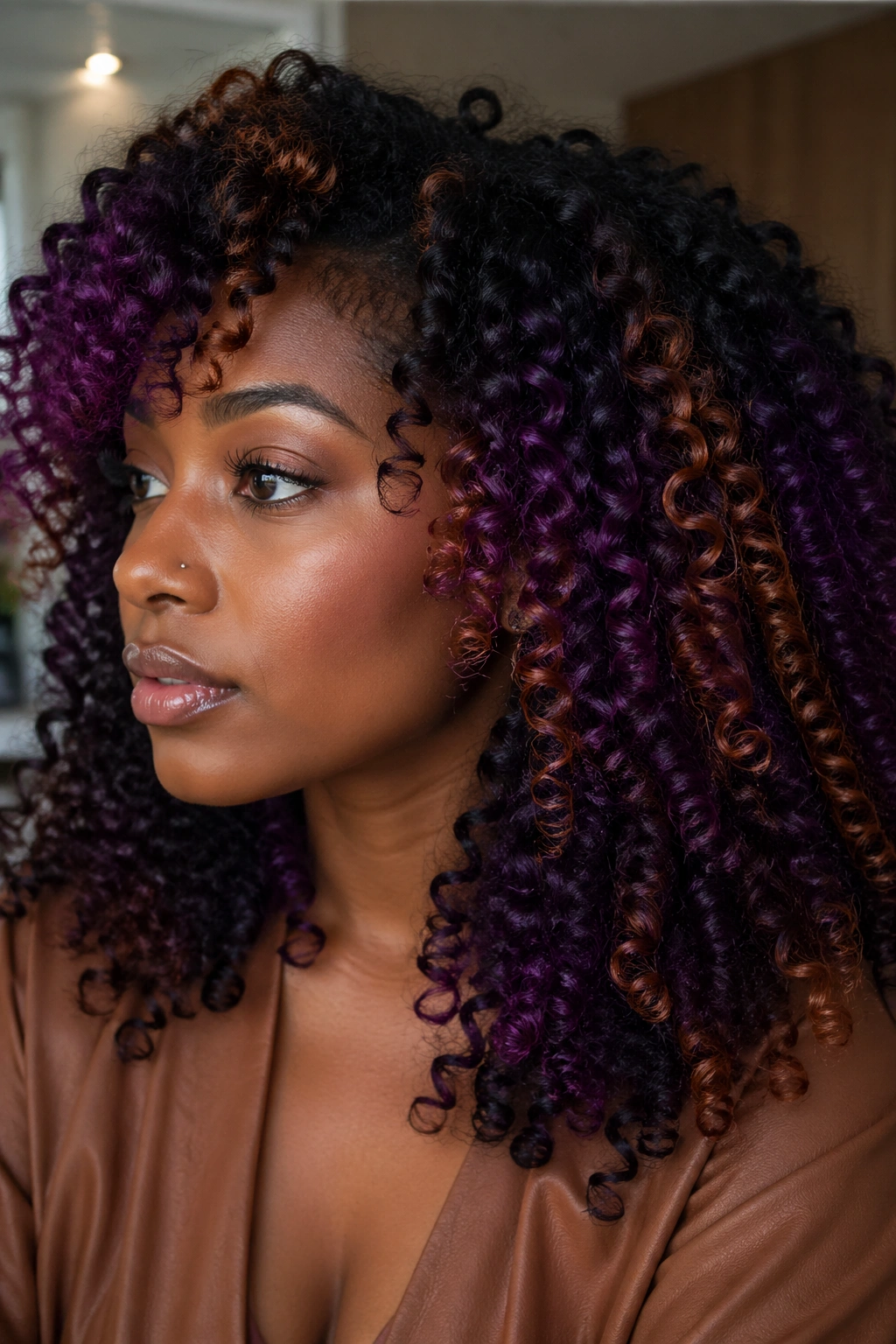 Close-up of hair with purple balayage and copper accents