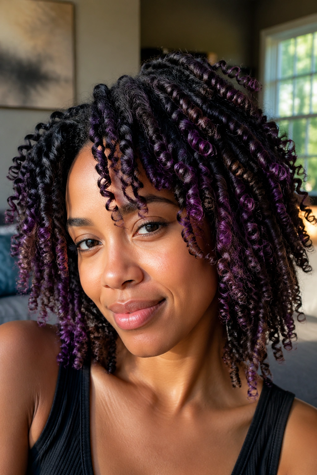 Close-up of a real woman with twist-out and purple highlights along twist surfaces