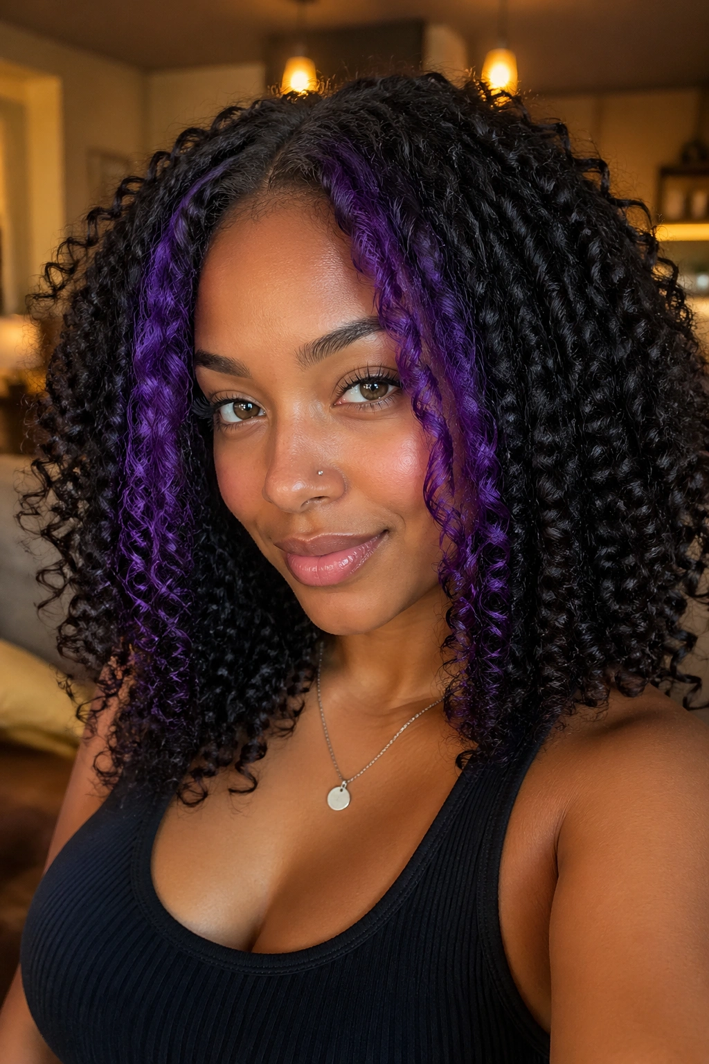 Face-framing purple money pieces on natural curls in a warm, cozy room.