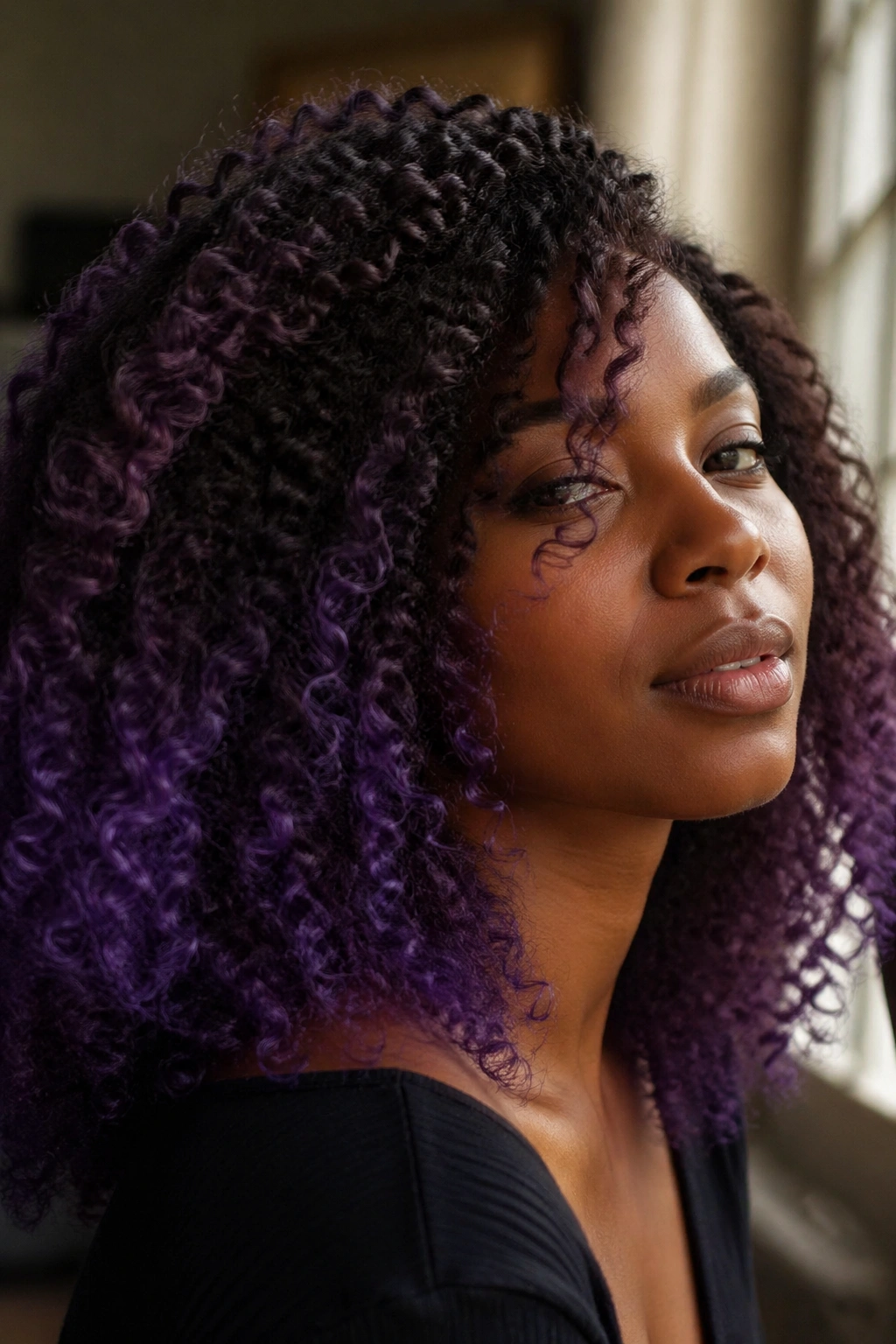Close-up of purple shade pairing on hair matching skin tone