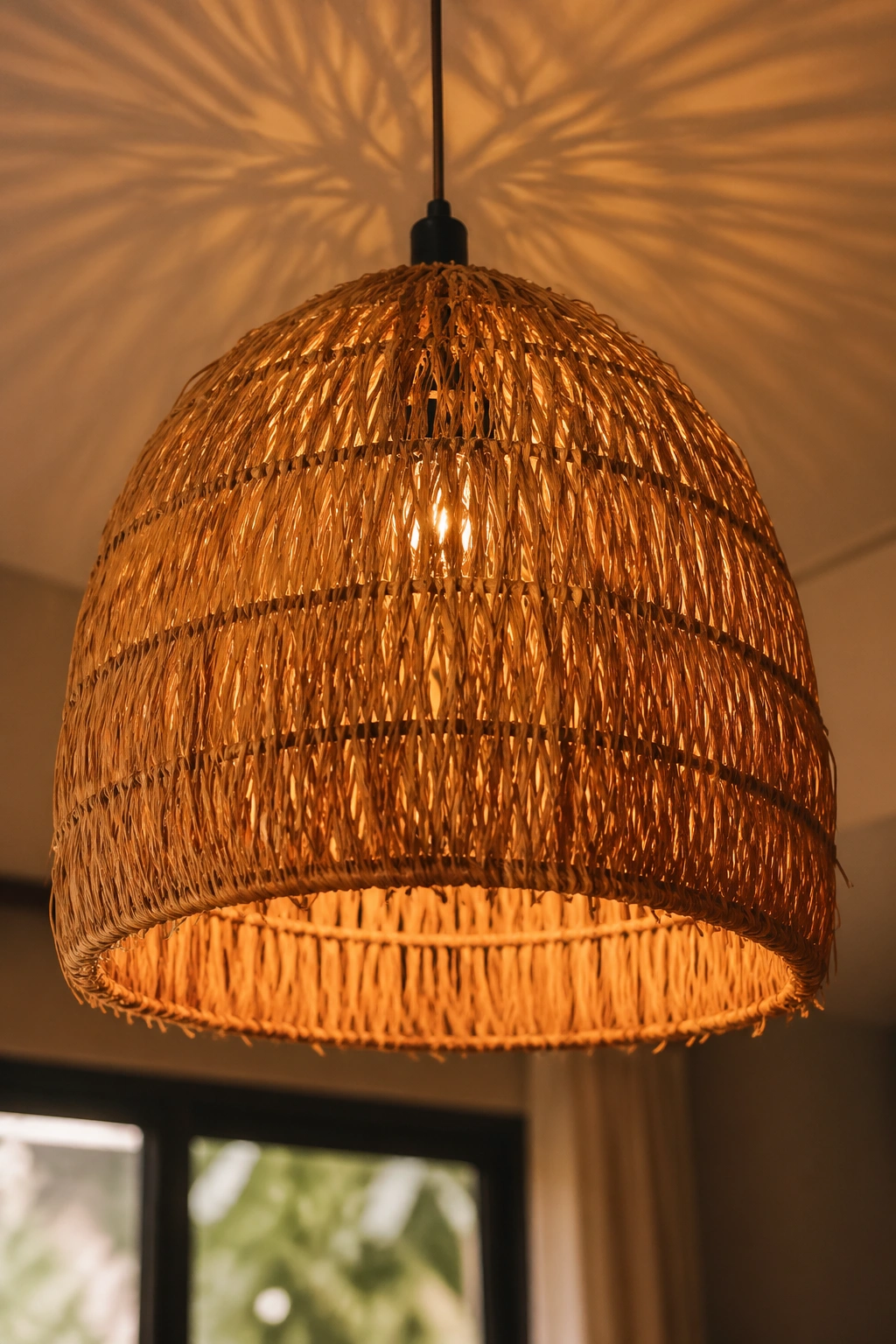 Close-up of raffia pendant light above dining table