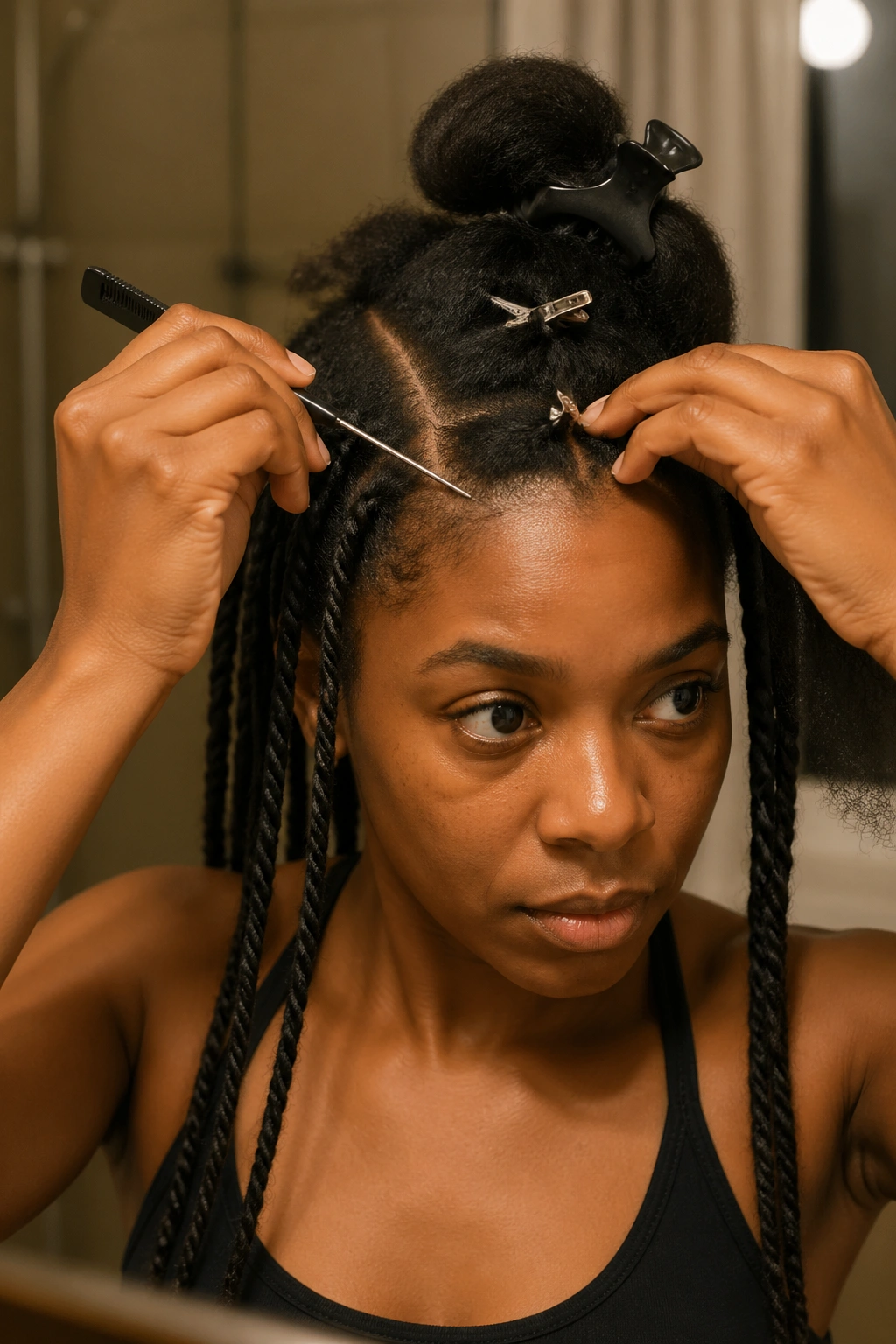 Real person using rat-tail comb and clips during Marley twist installation