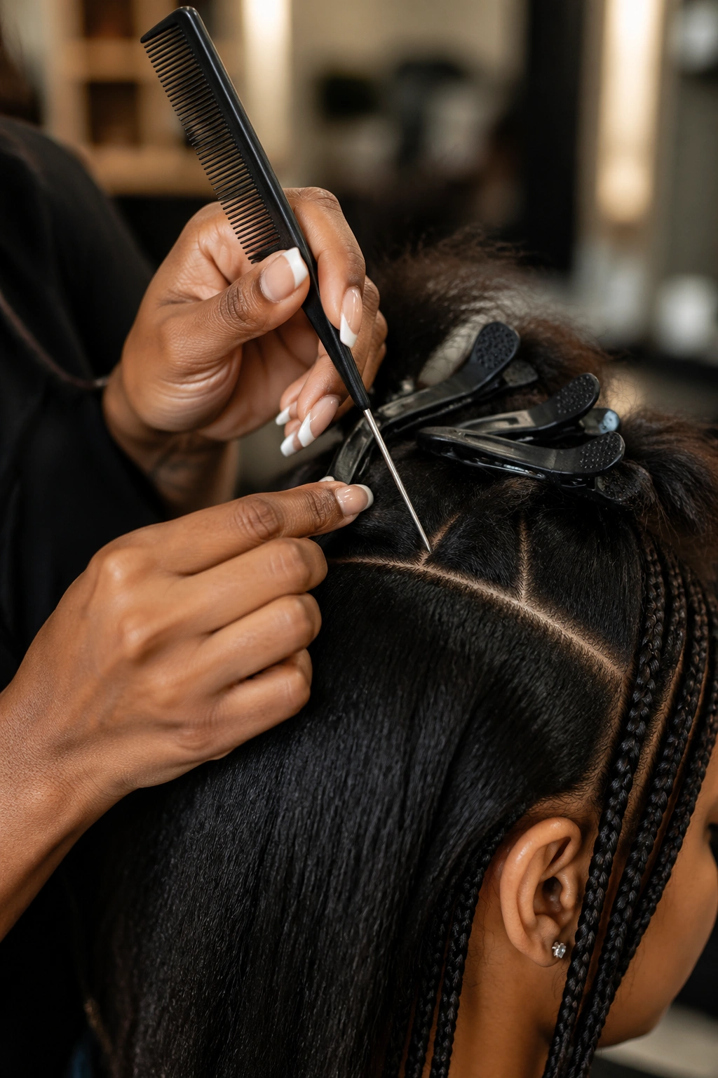 Close-up of hairstylist's hands with tools in real salon