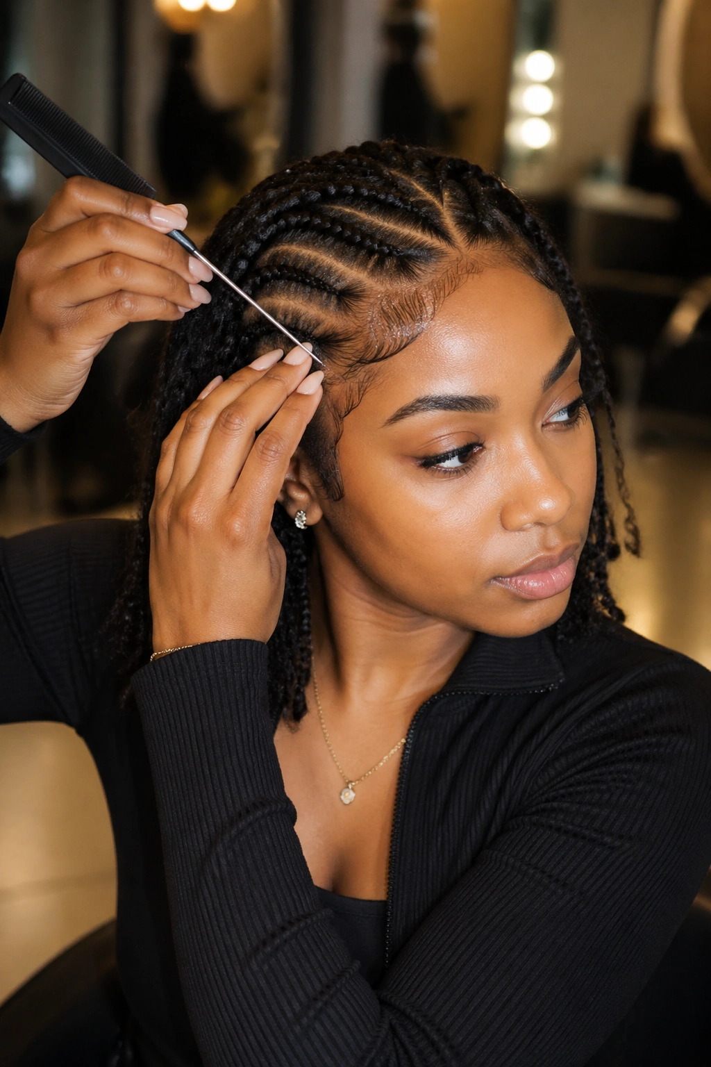 Portrait of a real woman using a rat-tail comb on shoulder-length hair in a salon setting.