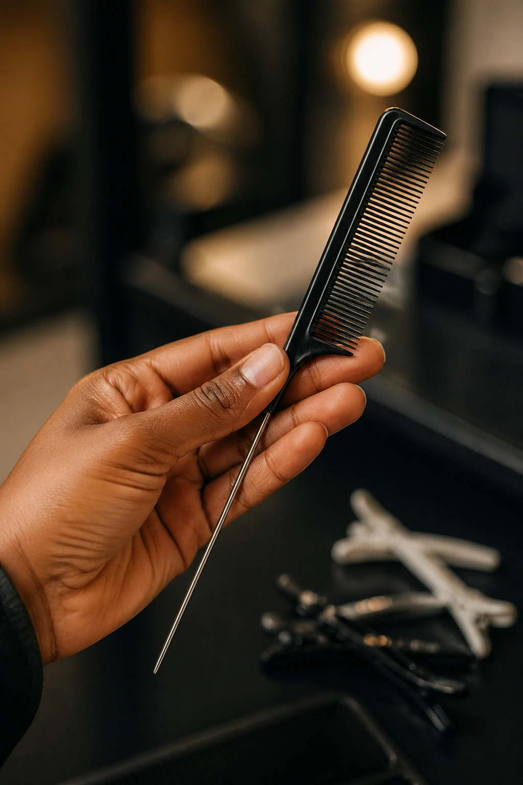 Close-up of a rat-tail comb held in hand with hair clips in background