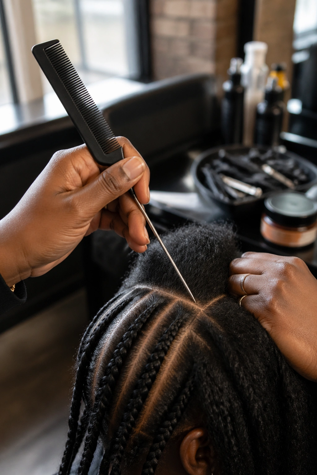 Rat-tail comb in use for parting hair at a salon station