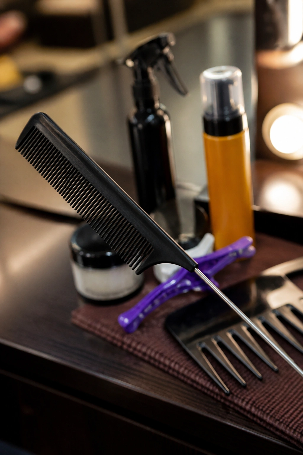 Close-up of rat-tail comb and hair tools for cornrows