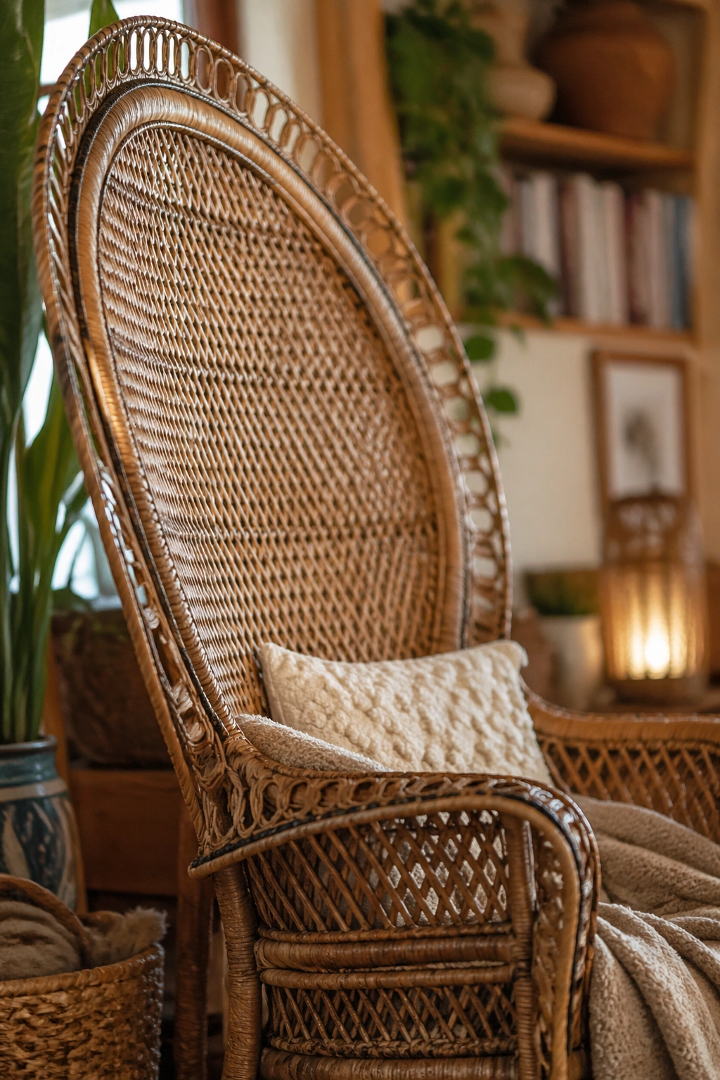 Close-up of a thrifted rattan peacock chair in a cozy reading nook