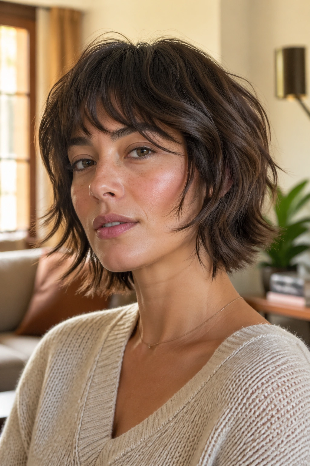 Real person with razor-cut shag and soft-edged ends, close portrait.