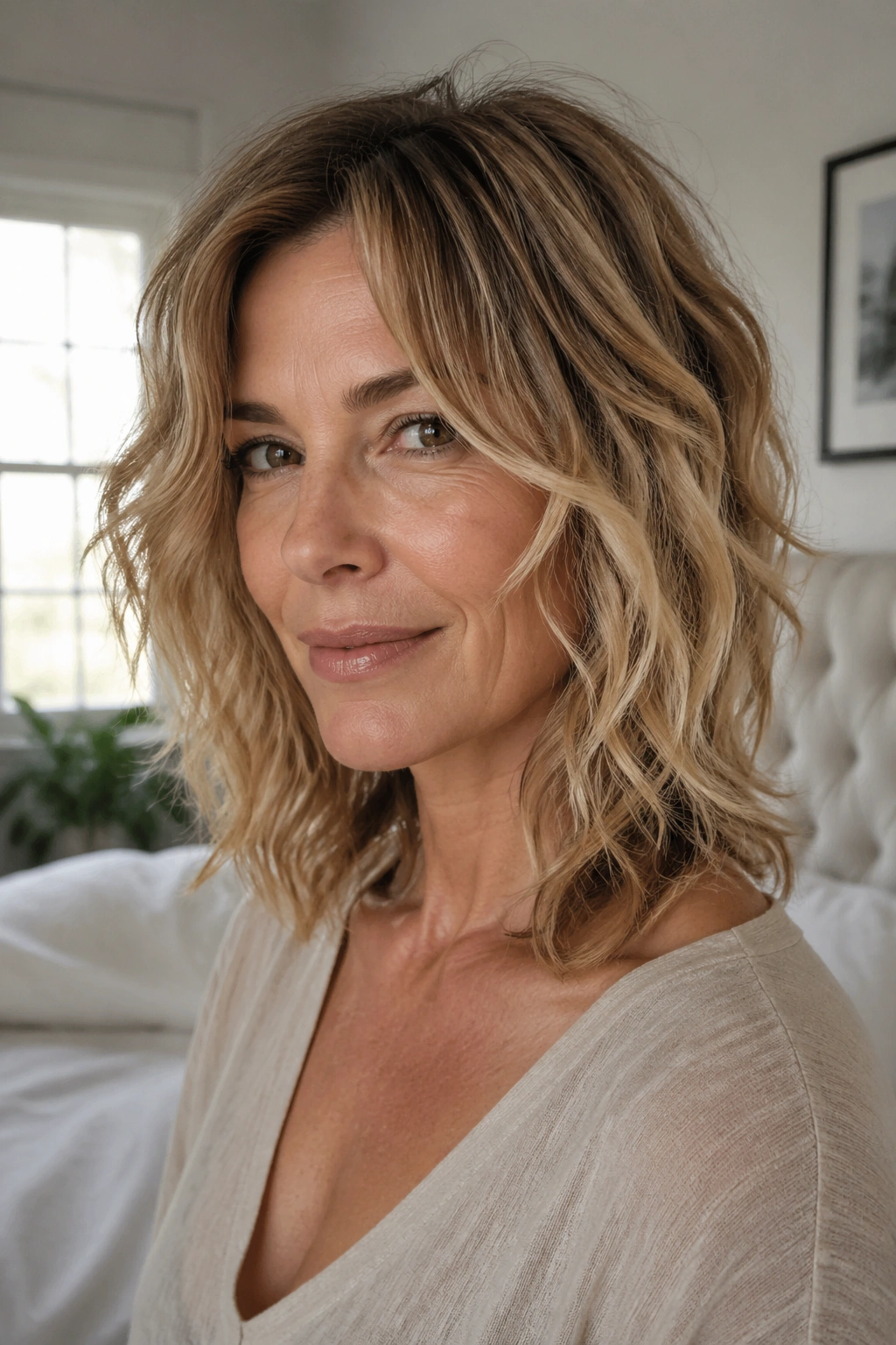 Close-up of a real woman with razor-cut, airy waves.