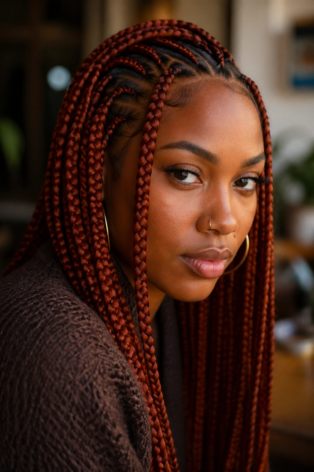 Close-up portrait of a person with red braids.