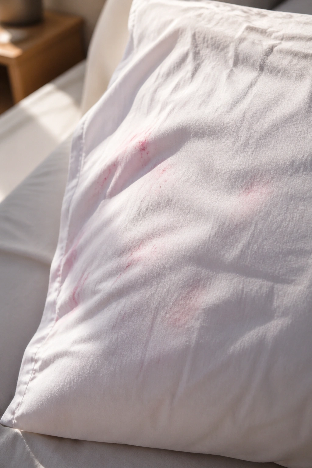 White pillowcase with faint red dye transfer spots.