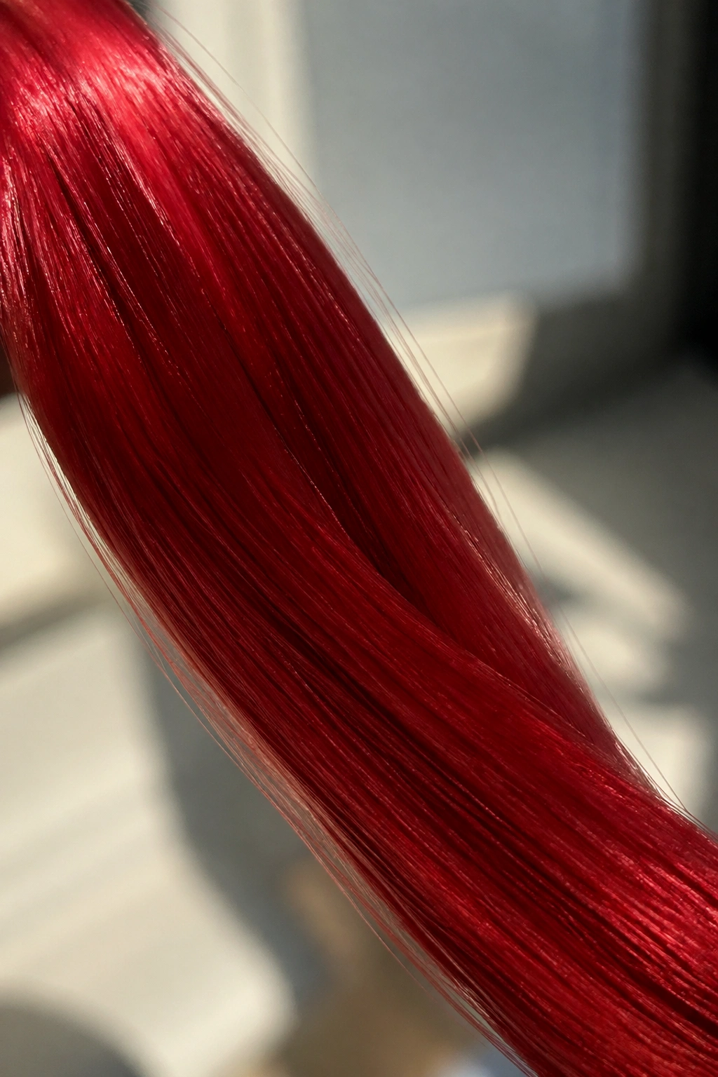 Macro close-up of red Kanekalon fiber.
