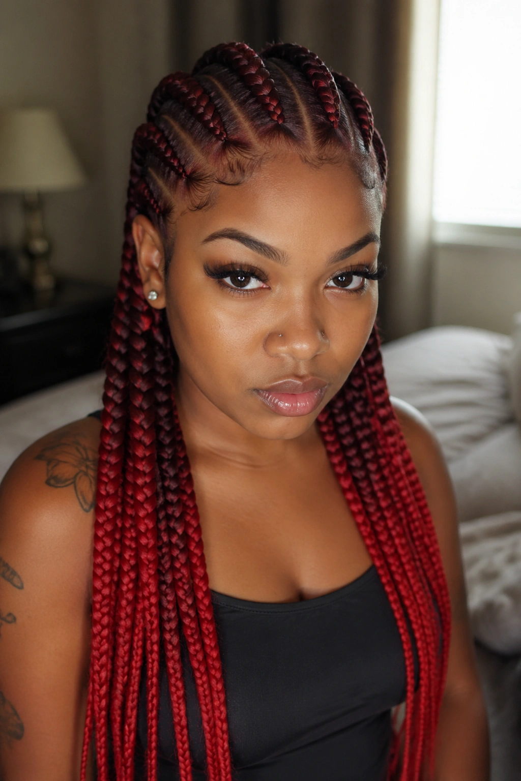 Close-up of red ombre stitch cornrows on a real woman's head, burgundy roots to bright cherry tips