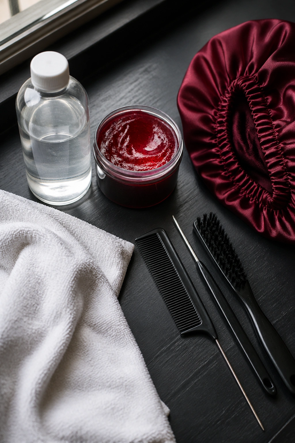 Top-down view of red stitch cornrow prep tools on a dark surface.