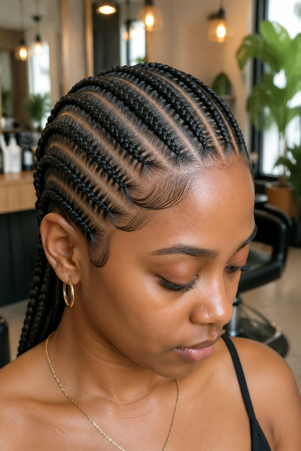 Close-up of a real woman with crisp twelve-row cornrows in a salon-like setting.