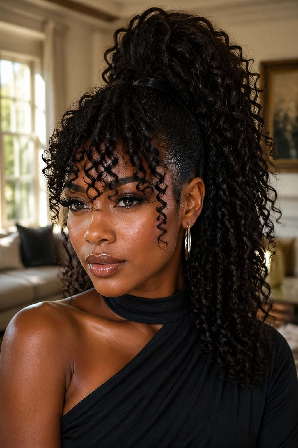 Close-up portrait of a real Black woman with regal ponytail and bold curly bangs in warm natural light