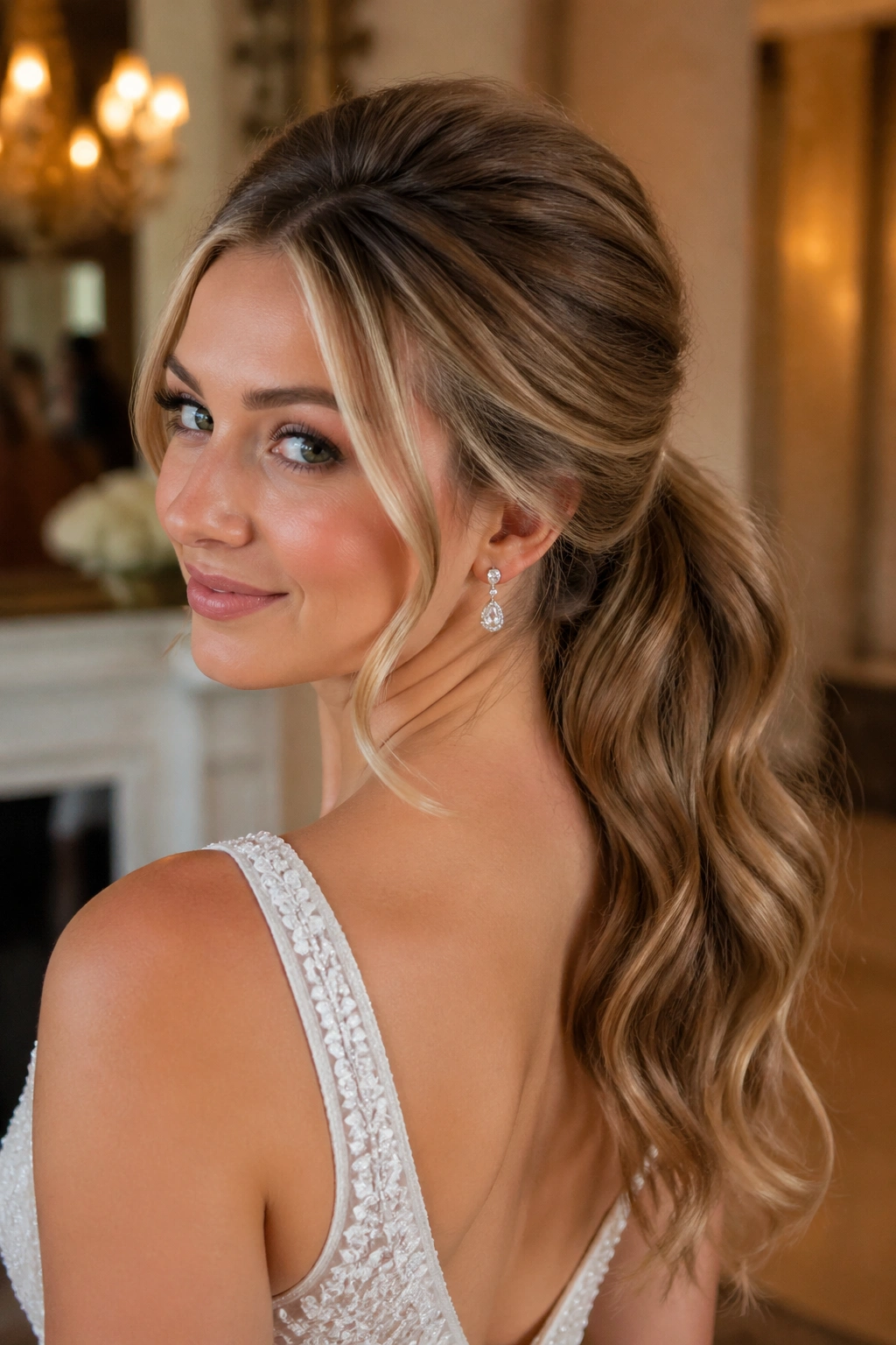 Close-up of bride with brushed-out retro waves in mid ponytail