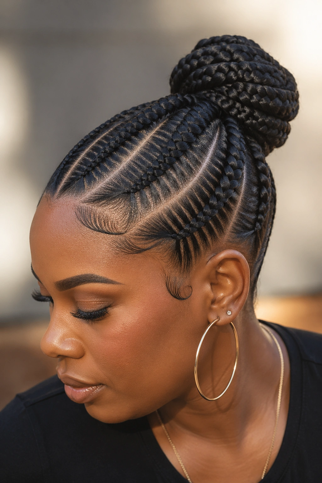 Close-up of a woman with reverse-braided feed-ins around a bun