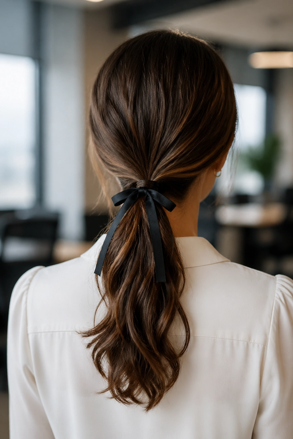 Back view of a woman with a ribbon-wrapped low pony in an office setting