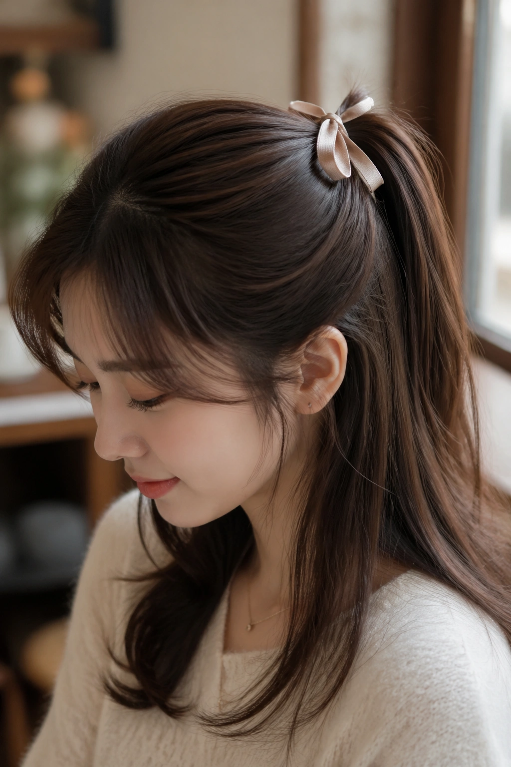 Real woman wearing a ribbon-knot half ponytail at a cafe window