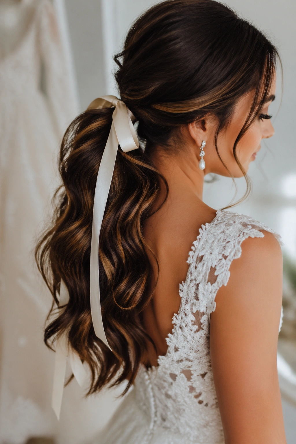 Close-up of real bride with Ribbon-Tied Wavy Ponytail hairstyle