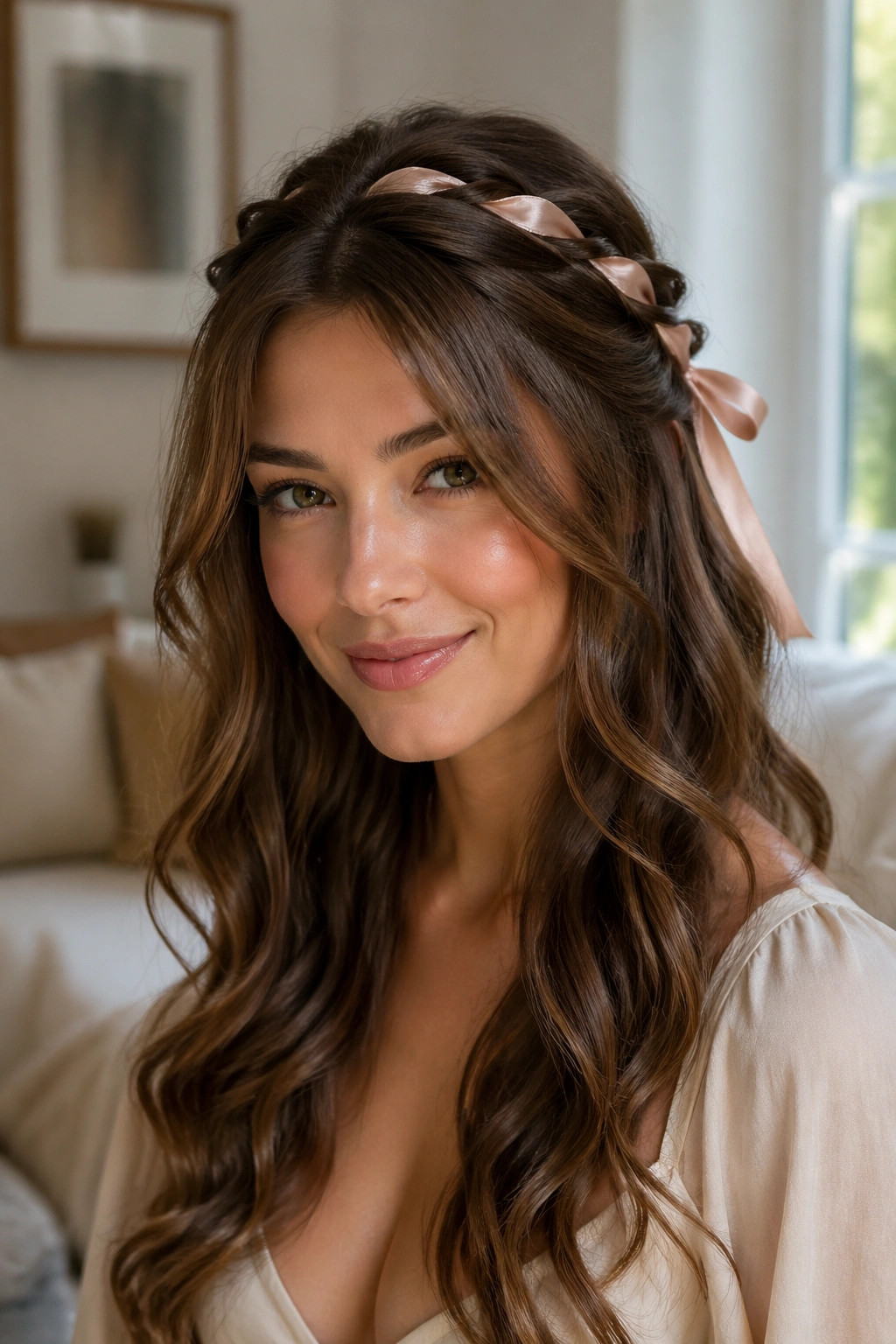 Close-up of a woman with loose waves and a satin ribbon in a half-up crown