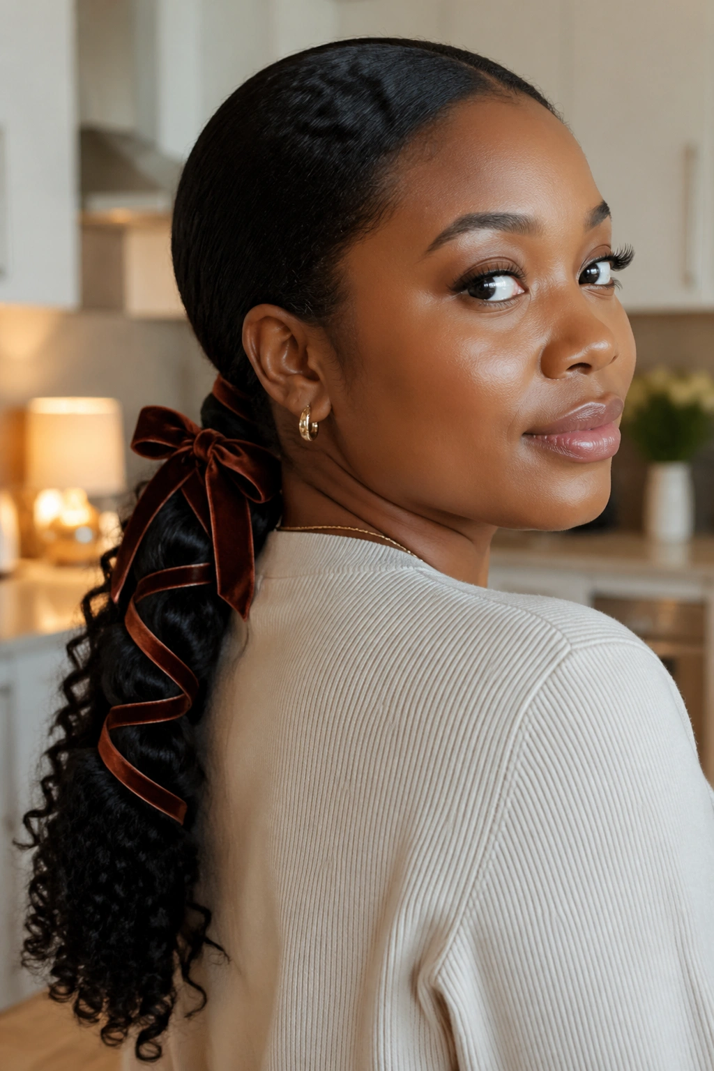 Close-up of a real Black woman with ribbon-wrapped low ponytail.