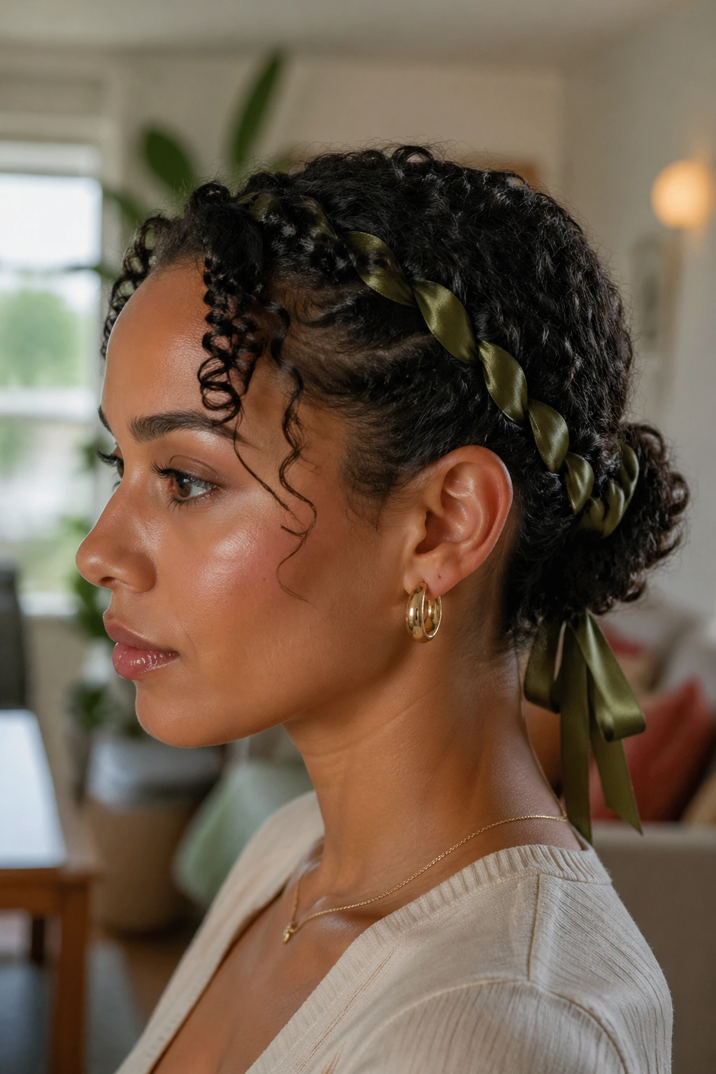 Close-up of a real woman with Ribbon-Wrapped Updo featuring a ribbon-wrapped bun