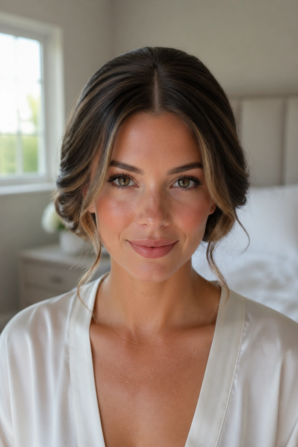 Close-up of a real woman with rolled chignon and center part.
