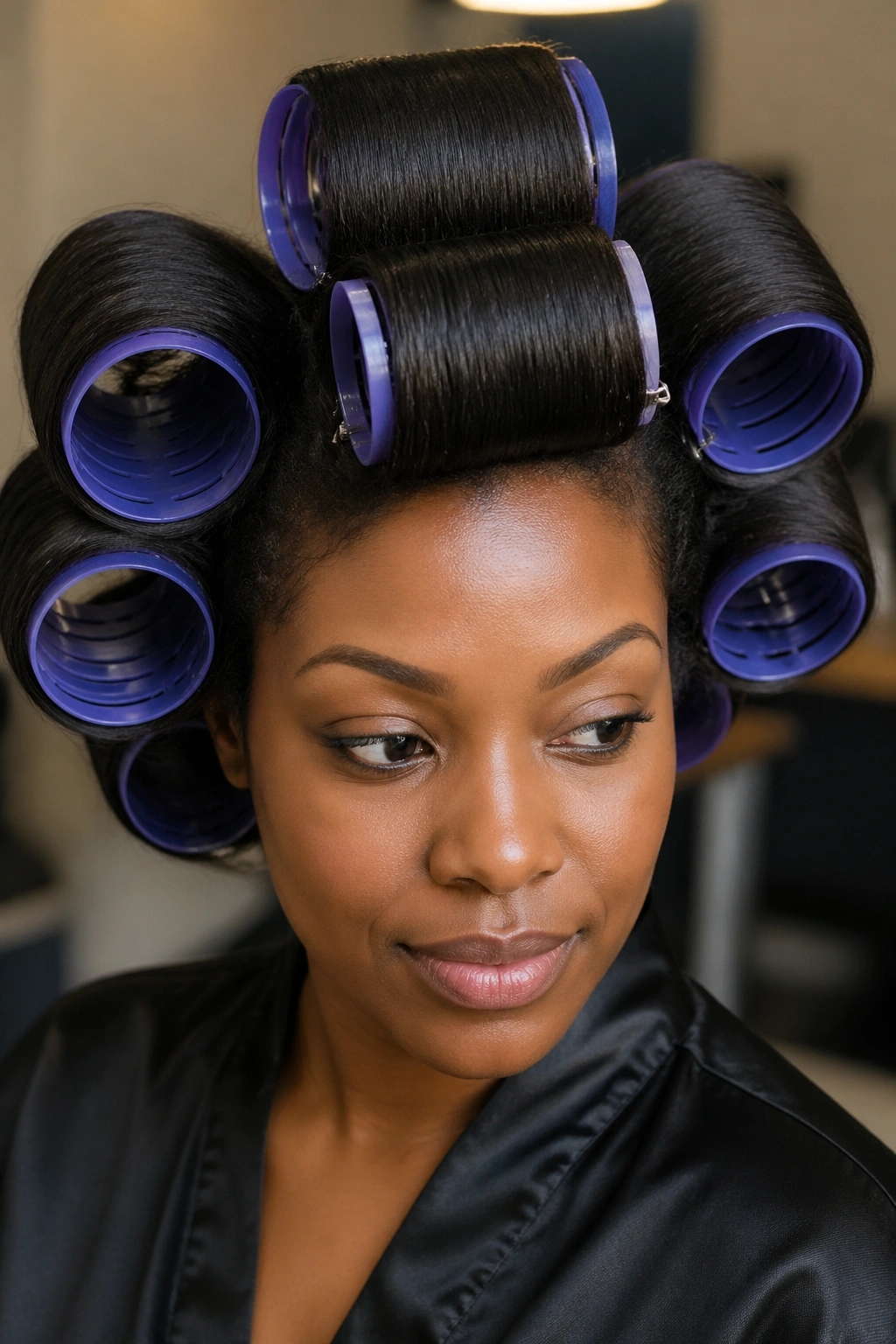 Close-up of a real woman with big roller curls