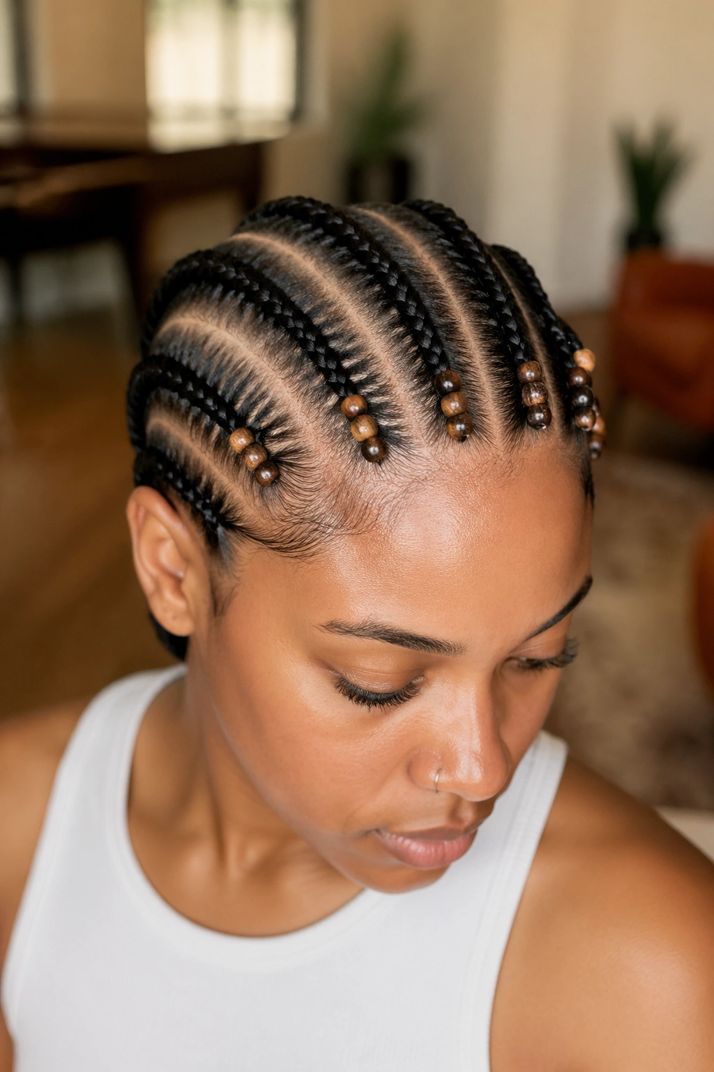 Five braids with beads at the roots along the hairline