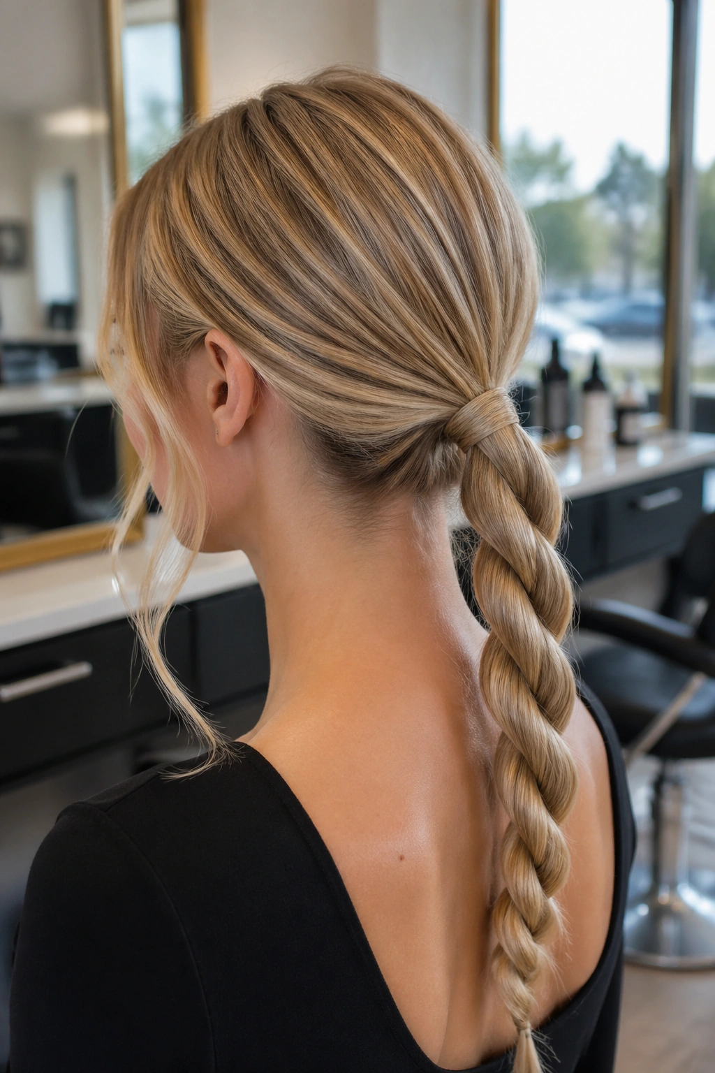 Real woman with rope-braid blonde low ponytail in bright salon