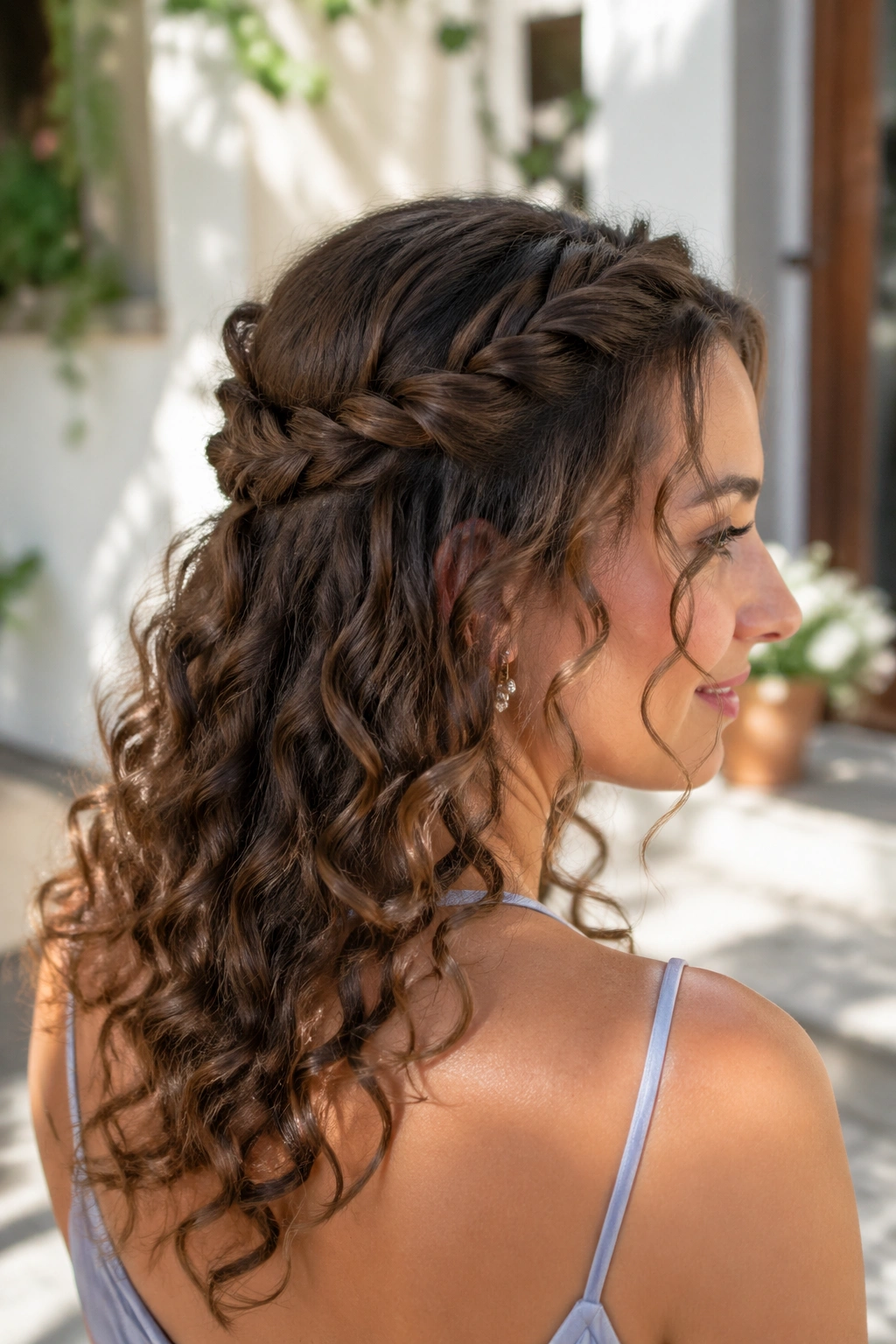 Real woman with rope braid half up on fine curly hair in natural light